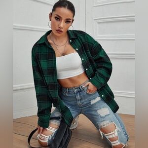Plaid Drop Green and Black Shoulder Blouse